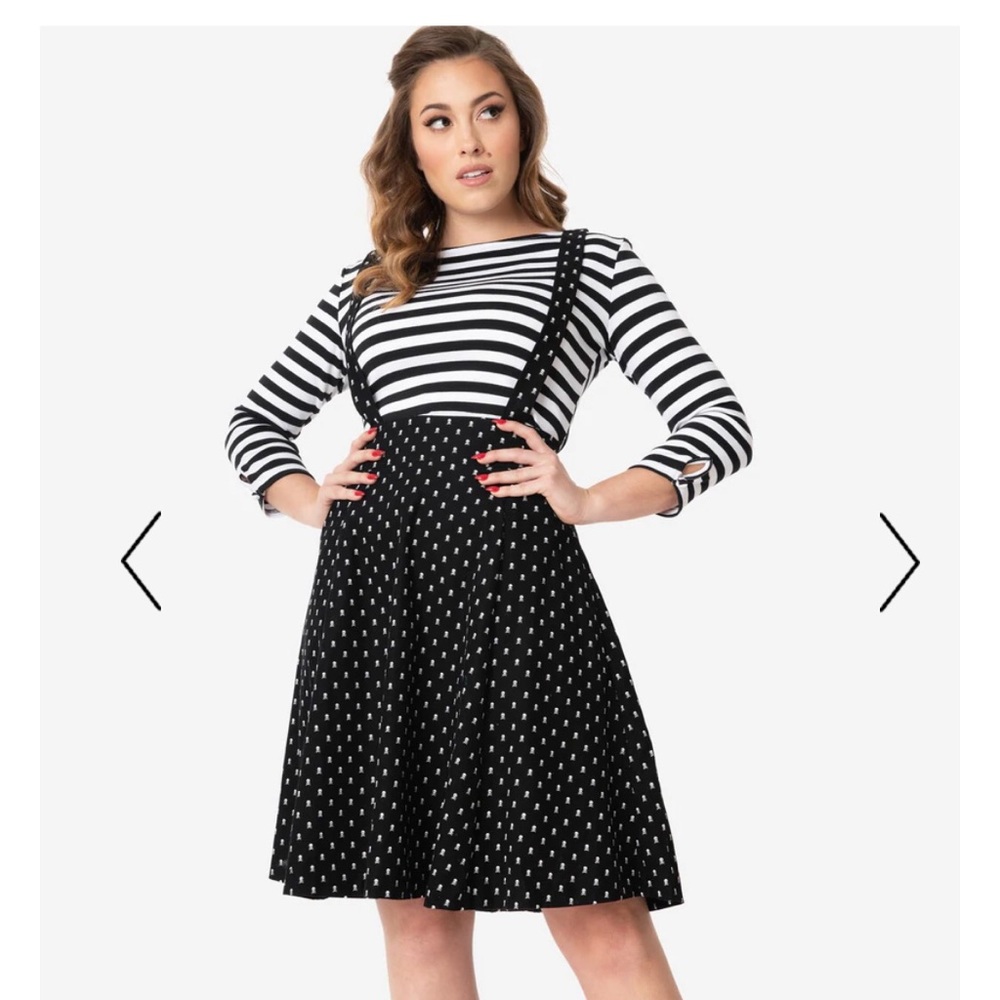 Unique Vintage 1960s Black Crossbones Print Suspender Ruth Flare Skirt